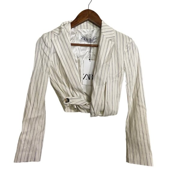 Zara Womens NWT Striped Wrap Button Cream Linen Blend Short Jacket Blazer XS - Picture 2 of 10